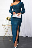 Black Sexy Solid Patchwork Slit Oblique Collar Dresses