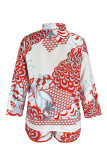 Orange Red Casual Print Patchwork Buckle Turndown Collar Long Sleeve Two Pieces