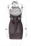 Brown Sexy Print Bandage Backless Halter Sleeveless Dress Dresses