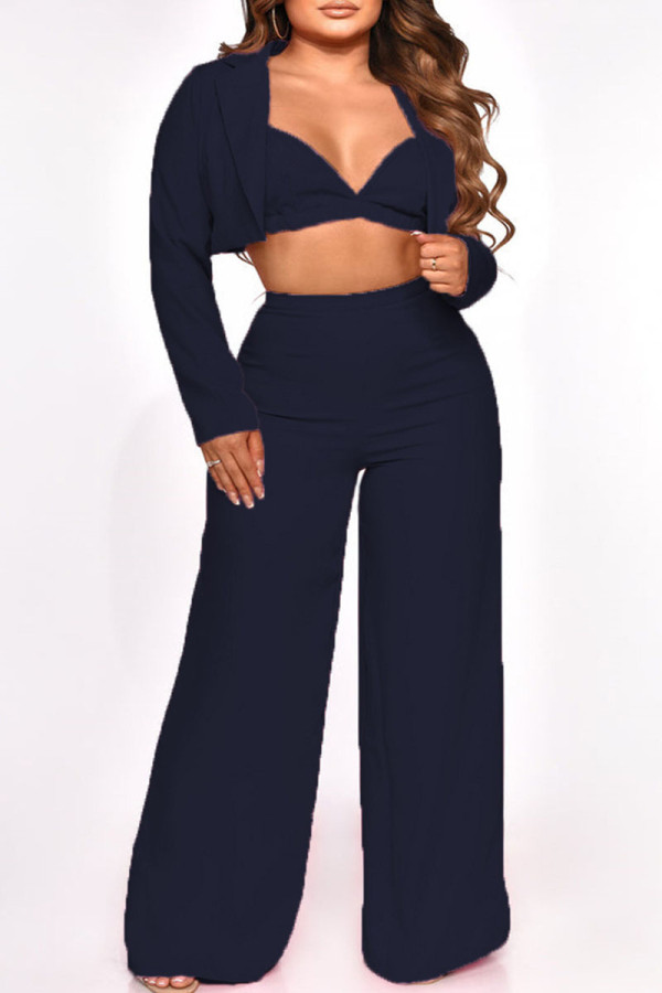 Black Sexy Solid Patchwork Turn-back Collar Long Sleeve Three Pieces