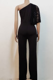 Burgundy Sexy Solid Patchwork Oblique Collar Straight Jumpsuits