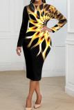 Black Casual Print Patchwork O Neck One Step Skirt Dresses