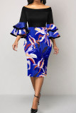 Blue Sexy Print Patchwork Off the Shoulder One Step Skirt Dresses