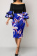 Blue Sexy Print Patchwork Off the Shoulder One Step Skirt Dresses