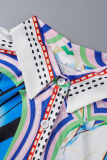 Blue Casual Print Patchwork Turndown Collar Short Sleeve Two Pieces