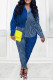 Blue Casual Striped Print Patchwork Turndown Collar Long Sleeve Two Pieces