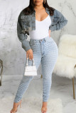 Light Blue Casual Street Solid Ripped Make Old Patchwork Turndown Collar Long Sleeve Denim Jacket