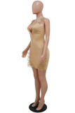 Apricot Sexy Patchwork Hot Drilling Feathers Backless Spaghetti Strap Sleeveless Dress