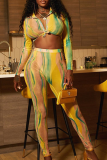 Yellow Sexy Print Patchwork Turndown Collar Long Sleeve Two Pieces