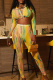 Yellow Sexy Print Patchwork Turndown Collar Long Sleeve Two Pieces