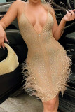 Apricot Sexy Patchwork Hot Drilling Feathers Backless Spaghetti Strap Sleeveless Dress