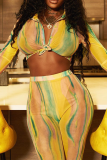 Yellow Sexy Print Patchwork Turndown Collar Long Sleeve Two Pieces