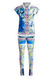 Blue Casual Print Patchwork Turndown Collar Short Sleeve Two Pieces