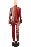 Red Casual Striped Print Patchwork Turndown Collar Long Sleeve Two Pieces