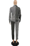 Red Casual Striped Print Patchwork Turndown Collar Long Sleeve Two Pieces