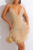 Apricot Sexy Patchwork Hot Drilling Feathers Backless Spaghetti Strap Sleeveless Dress