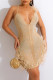 Apricot Sexy Patchwork Hot Drilling Feathers Backless Spaghetti Strap Sleeveless Dress