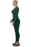 Green Casual Solid Patchwork Zipper Collar Skinny Jumpsuits
