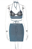 Blue Sexy Solid Bandage Backless Spaghetti Strap Sleeveless Two Pieces