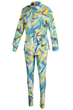 Yellow Casual Print Patchwork Turndown Collar Long Sleeve Two Pieces