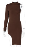 Coffee Sexy Solid One Shoulder Wrapped Skirt Dresses