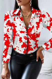White Red Casual Print Patchwork Turndown Collar Tops