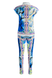 Blue Casual Print Patchwork Turndown Collar Short Sleeve Two Pieces