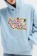 Light Blue Casual Print Letter Hooded Collar Tops