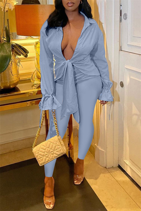 Light Blue Casual Solid Bandage V Neck Long Sleeve Two Pieces