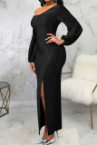 Black Sexy Solid Patchwork Slit Oblique Collar Dresses