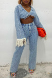 Light Blue Sexy Solid Tassel Patchwork Buttons Asymmetrical V Neck Long Sleeve Two Pieces(Contain The Scarf)
