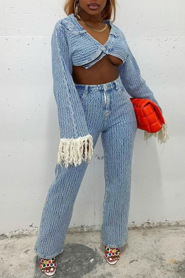 Light Blue Sexy Solid Tassel Patchwork Buttons Asymmetrical V Neck Long Sleeve Two Pieces(Contain The Scarf)