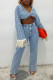 Light Blue Sexy Solid Tassel Patchwork Buttons Asymmetrical V Neck Long Sleeve Two Pieces(Contain The Scarf)
