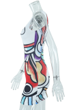 White Sexy Print Patchwork O Neck Pencil Skirt Dresses