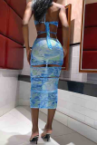 Sky Blue Sexy Print Hollowed Out Halter Pencil Skirt Dresses