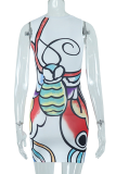 White Sexy Print Patchwork O Neck Pencil Skirt Dresses