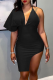 Black Sexy Solid High Opening V Neck Pencil Skirt Dresses