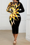 Black Casual Print Patchwork O Neck One Step Skirt Dresses