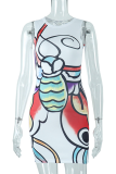 White Sexy Print Patchwork O Neck Pencil Skirt Dresses