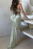 Green Sexy Solid Hollowed Out Backless Halter Sleeveless Two Pieces