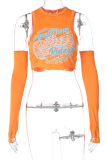 Orange Sexy Print Patchwork O Neck Tops
