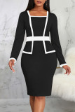 Black Casual Work Solid Patchwork Square Collar One Step Skirt Dresses