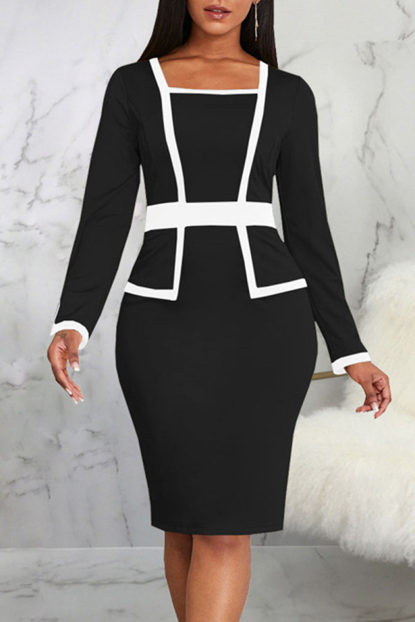 Black Casual Work Solid Patchwork Square Collar One Step Skirt Dresses