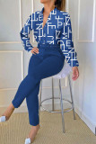 Royal Blue Casual Print Patchwork V Neck Long Sleeve Two Pieces