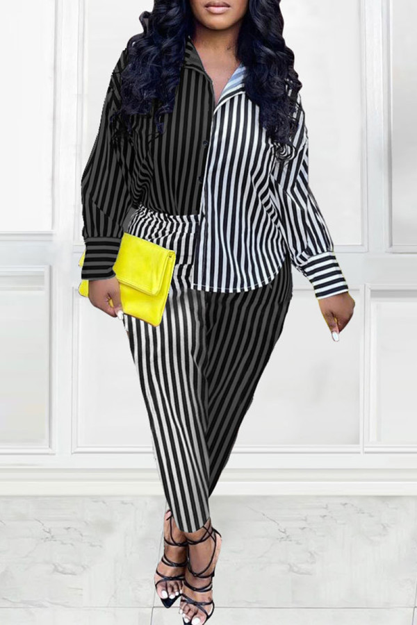 Black Casual Striped Print Patchwork Turndown Collar Long Sleeve Two Pieces