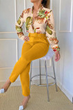Yellow Casual Print Patchwork V Neck Long Sleeve Two Pieces