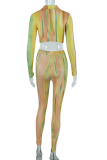 Yellow Sexy Print Patchwork Turndown Collar Long Sleeve Two Pieces
