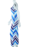 Blue Street Print Patchwork Spaghetti Strap Pencil Skirt Dresses