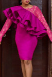 Rose Red Elegant Solid Patchwork Flounce Asymmetrical O Neck One Step Skirt Dresses