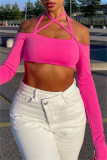 Rose Red Sexy Casual Solid Bandage Backless Off the Shoulder Tops